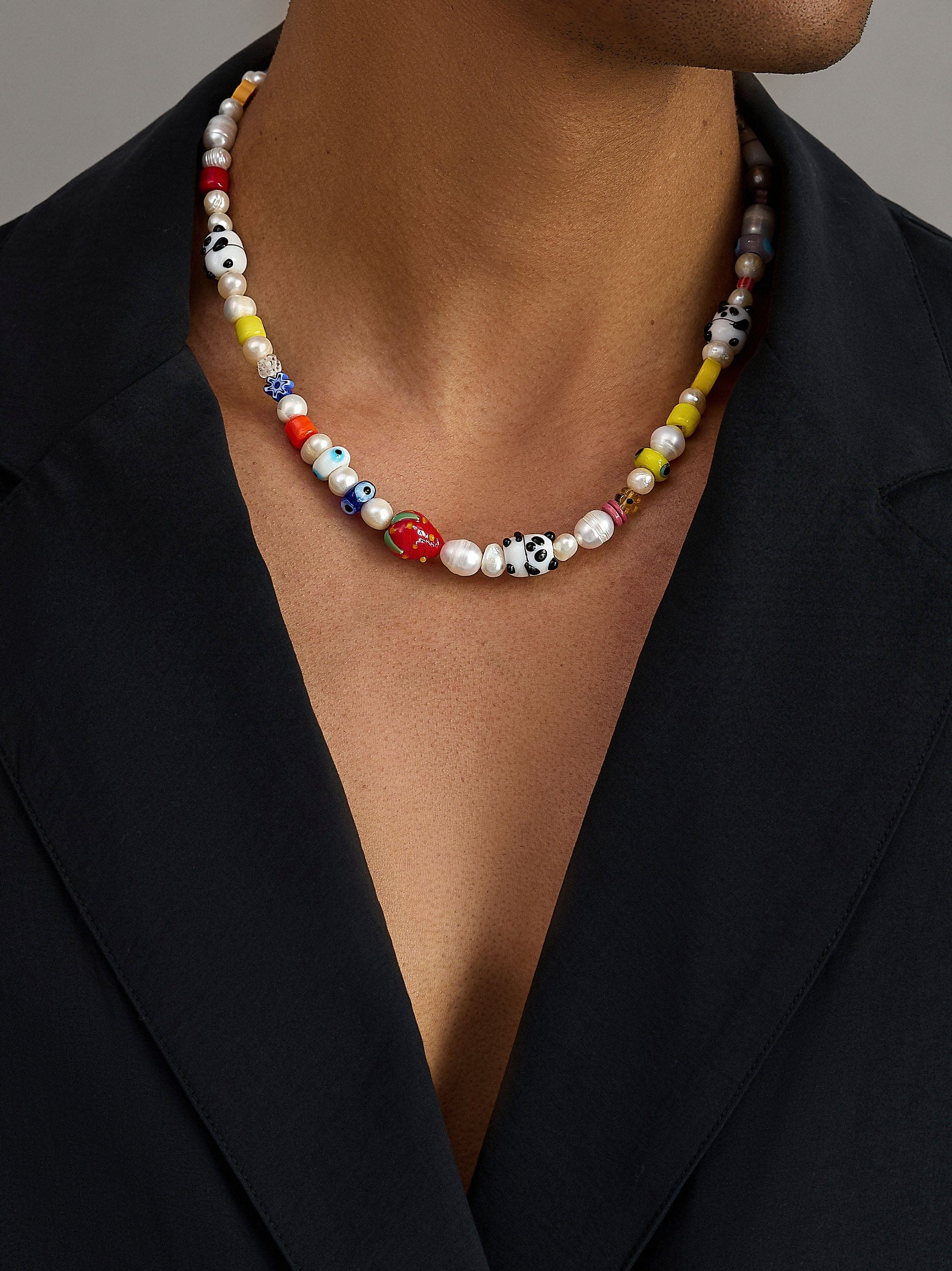 Nialaya Men's Necklace Men's Panda Pearl Necklace with Assorted Beads Men's Panda Pearl Necklace with Assorted Beads 20 Inches / 50.8 cm MNEC_287