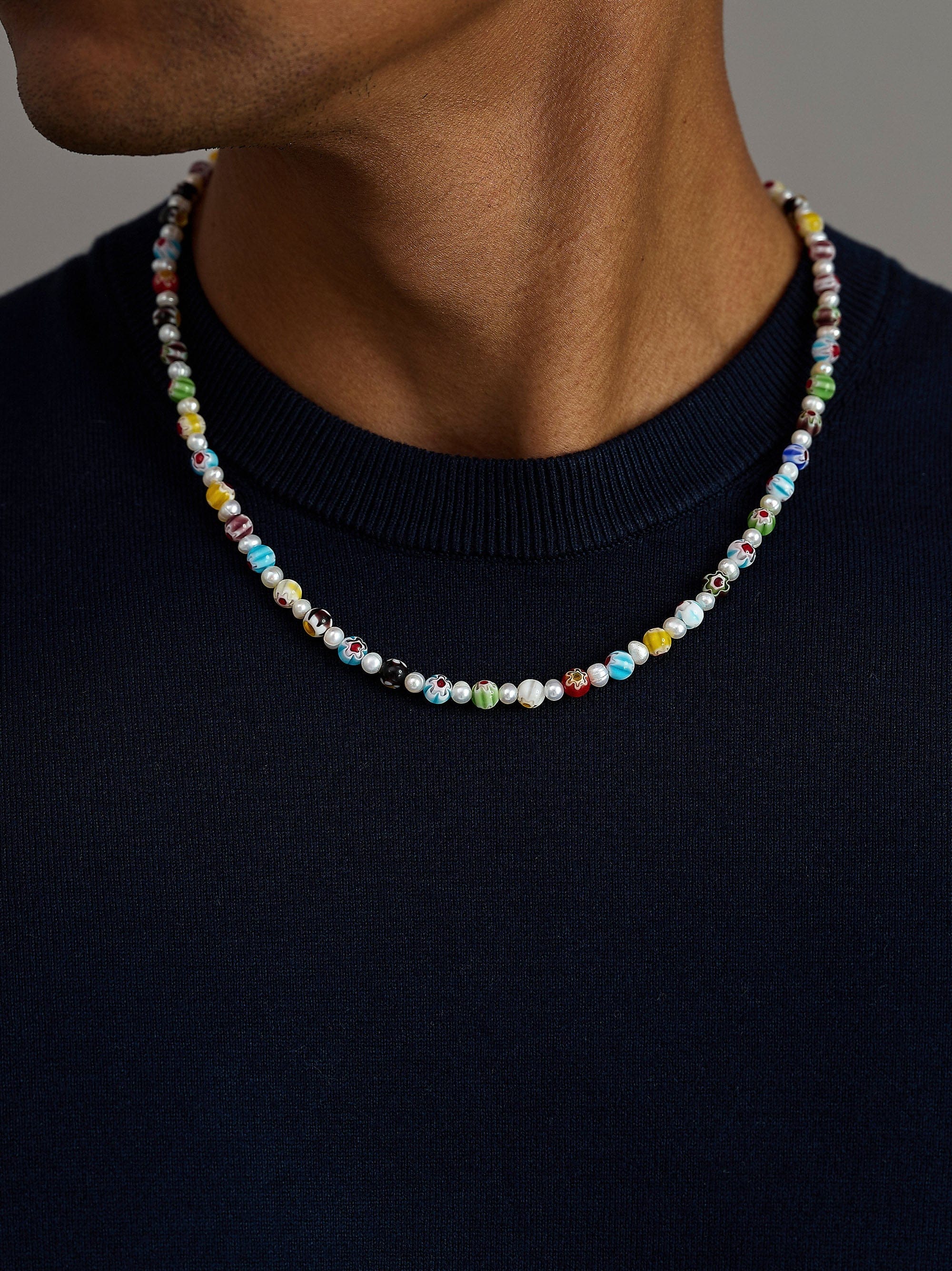 Nialaya Men's Necklace Men's Pearl Necklace with Hand-Painted Glass Beads Men's Pearl Necklace with Hand-Painted Glass Beads 20 Inches / 50.8 cm MNEC_141