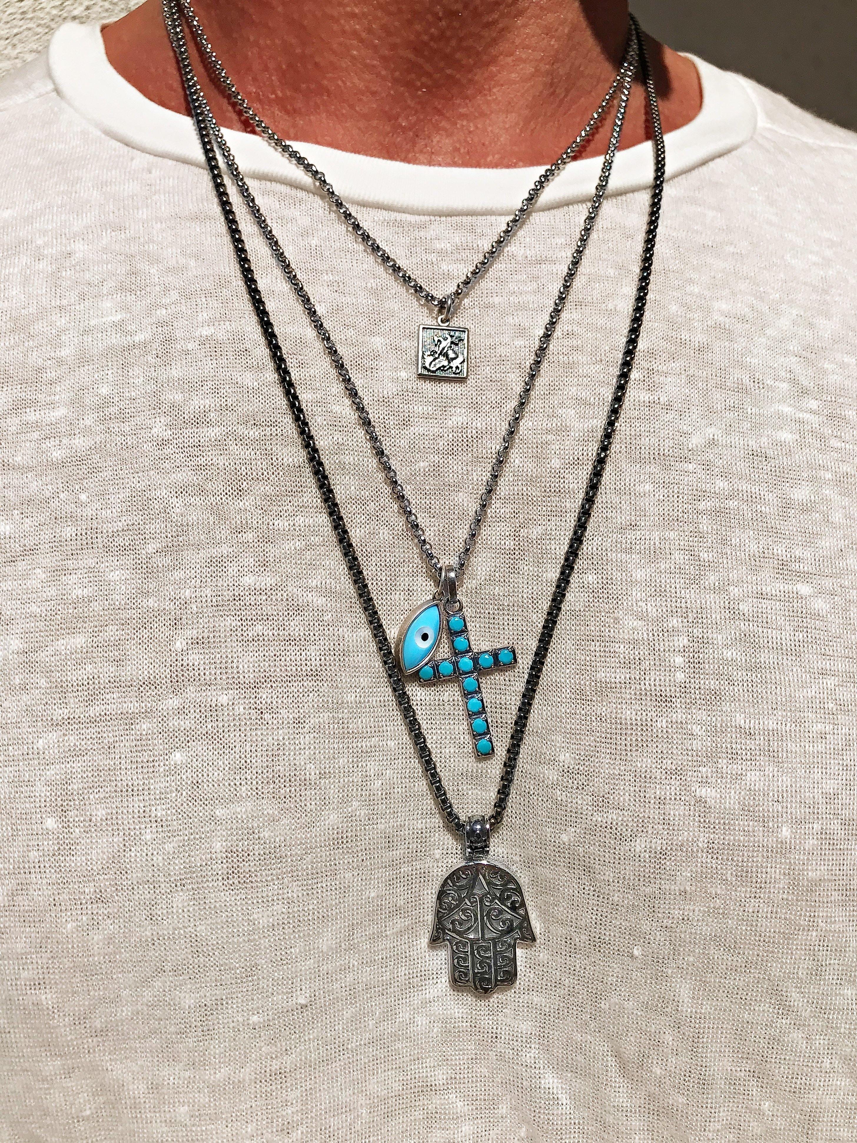 Nialaya Men's Necklace Men's Silver Hamsa Hand Necklace 24 Inch / Silver MNEC_044