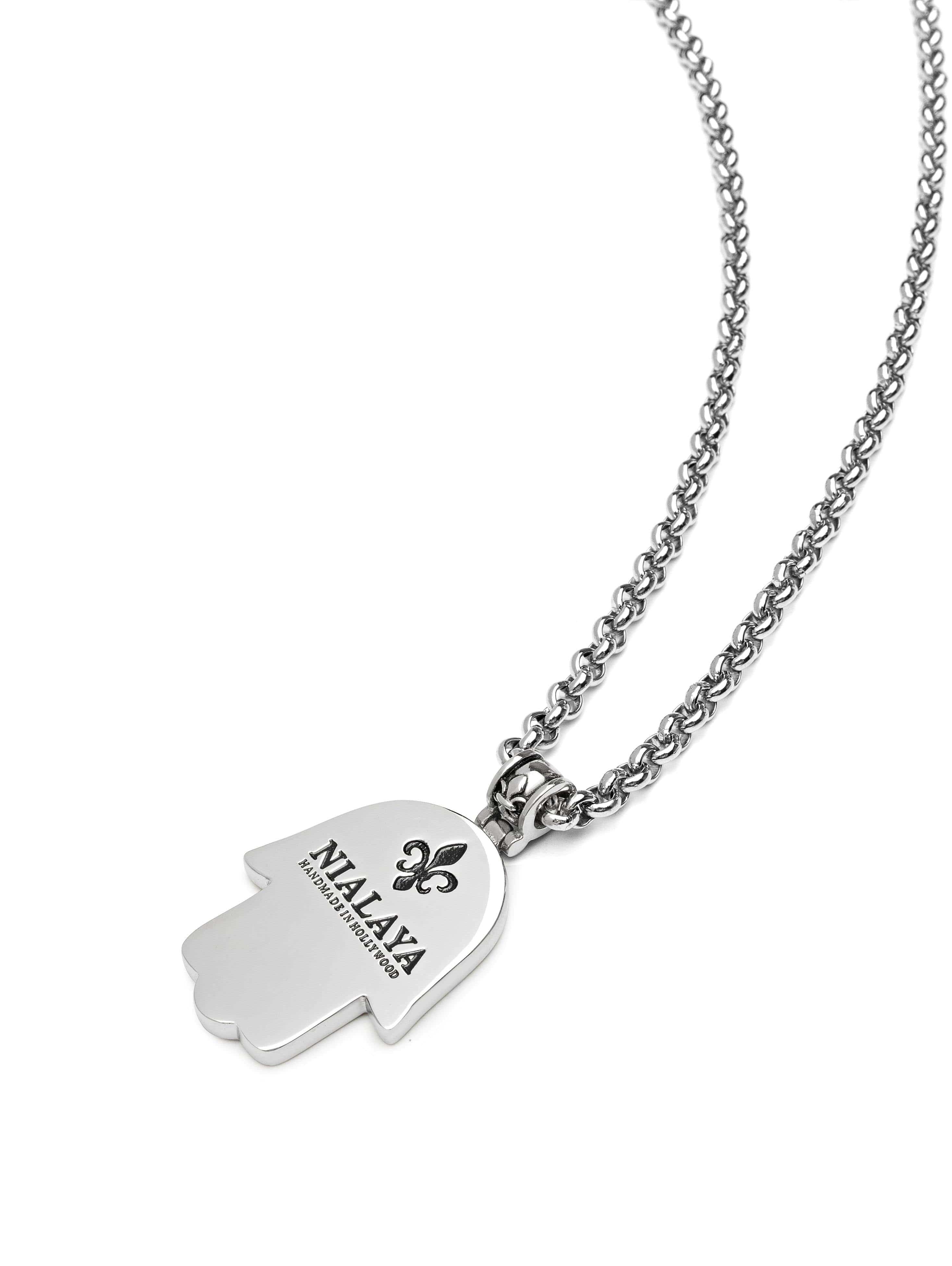 Nialaya Men's Necklace Men's Silver Hamsa Hand Necklace 24 Inch / Silver MNEC_044