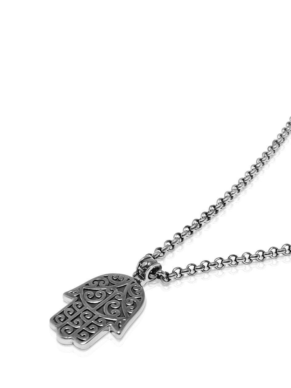 Nialaya Men's Necklace Men's Silver Hamsa Hand Necklace 24 Inch / Silver MNEC_044