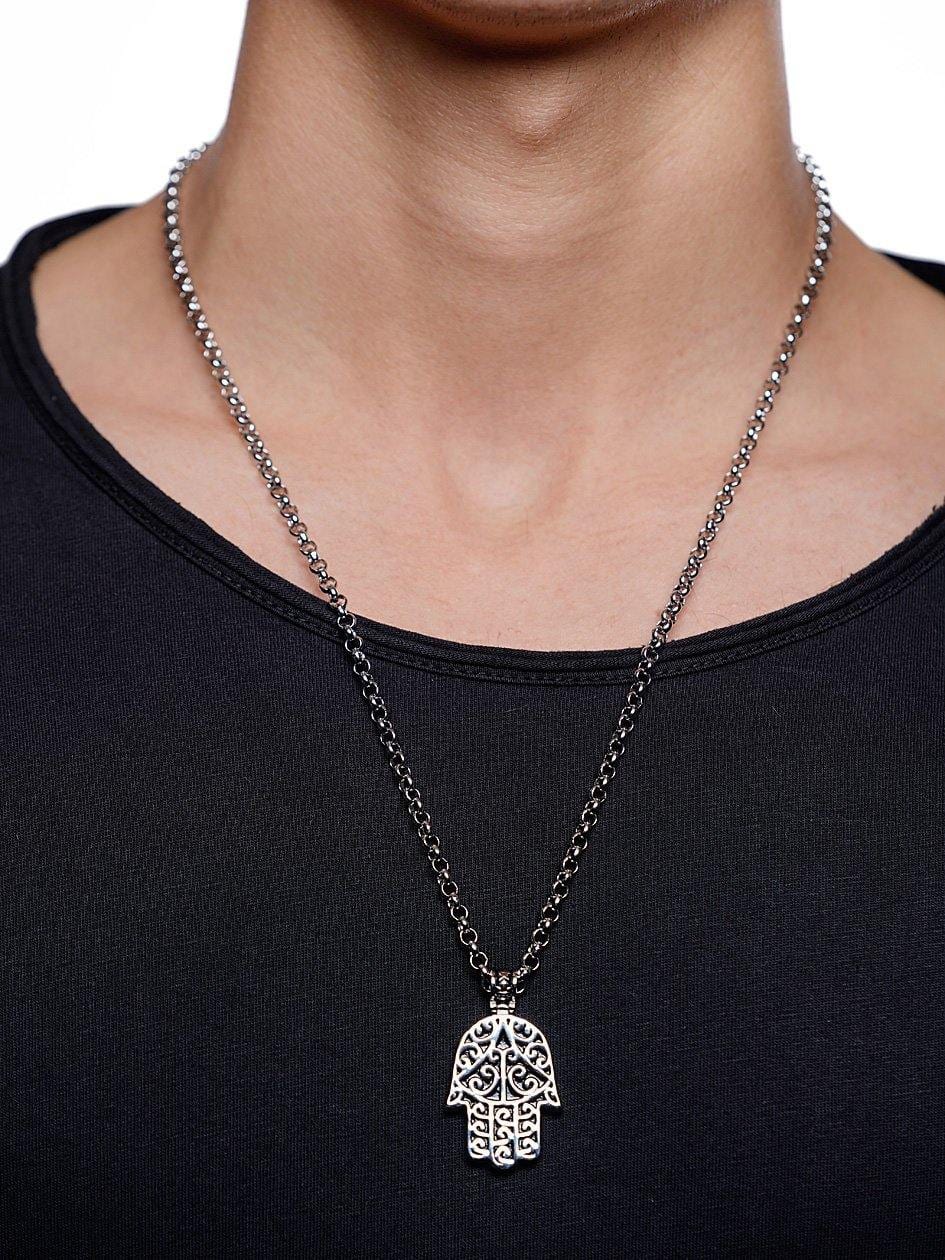 Nialaya Men's Necklace Men's Silver Hamsa Hand Necklace 24 Inch / Silver MNEC_044