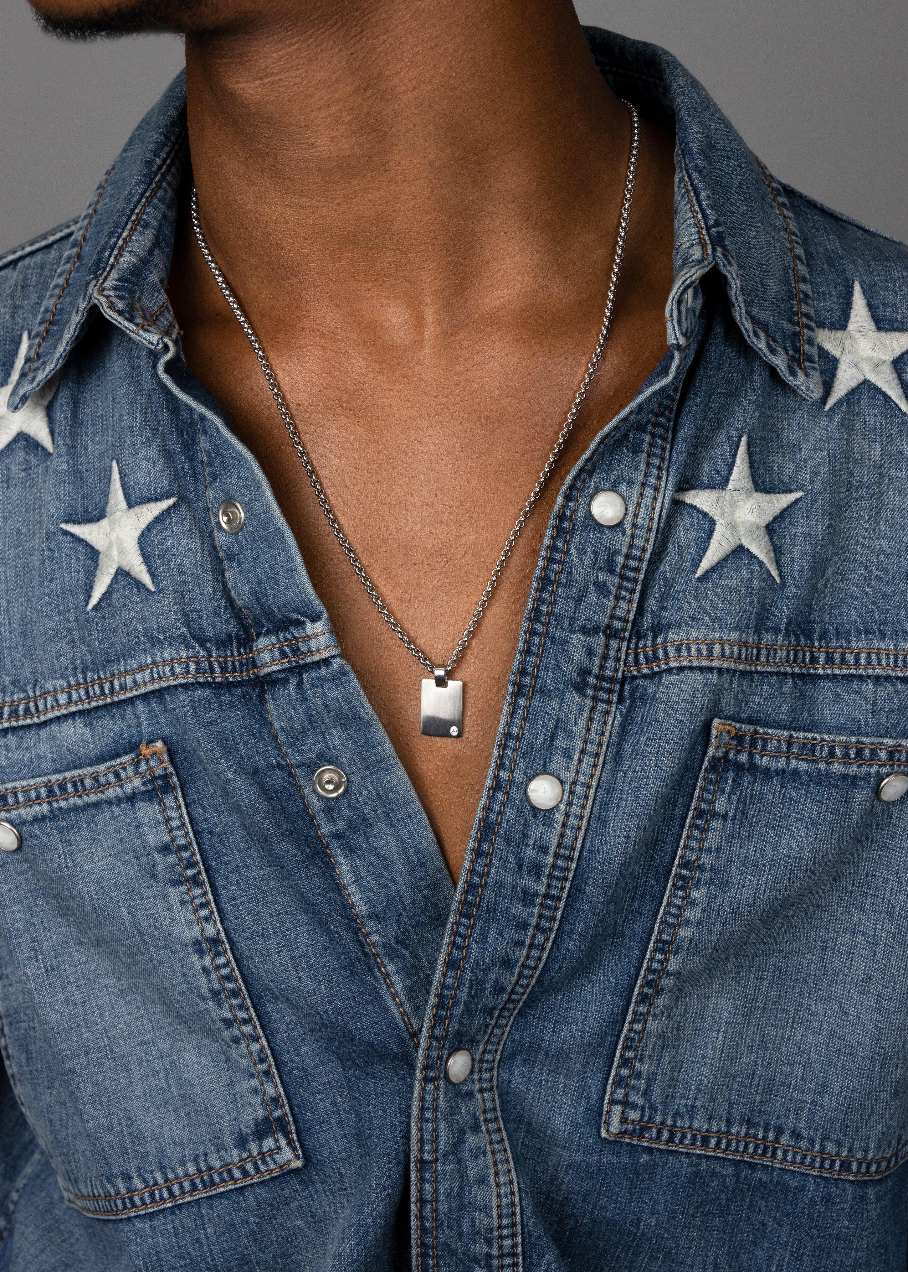 Nialaya Men's Necklace Men's Silver Mini Dog Tag with CZ 24 Inch / Silver MNEC_119
