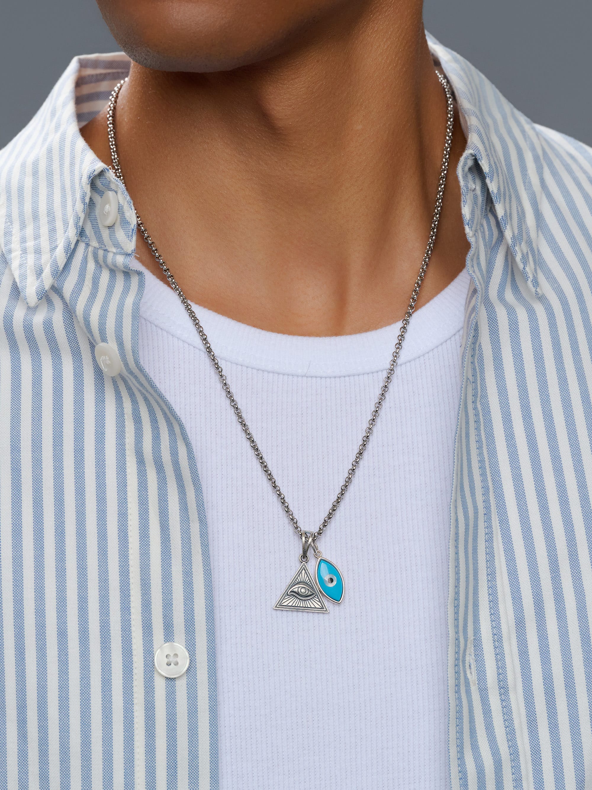 Nialaya Men's Necklace Men's Silver Necklace with Turquoise Evil Eye and Eye of Ra Pendant Men's Silver Necklace with Turquoise Evil Eye and Eye of Ra Pendant