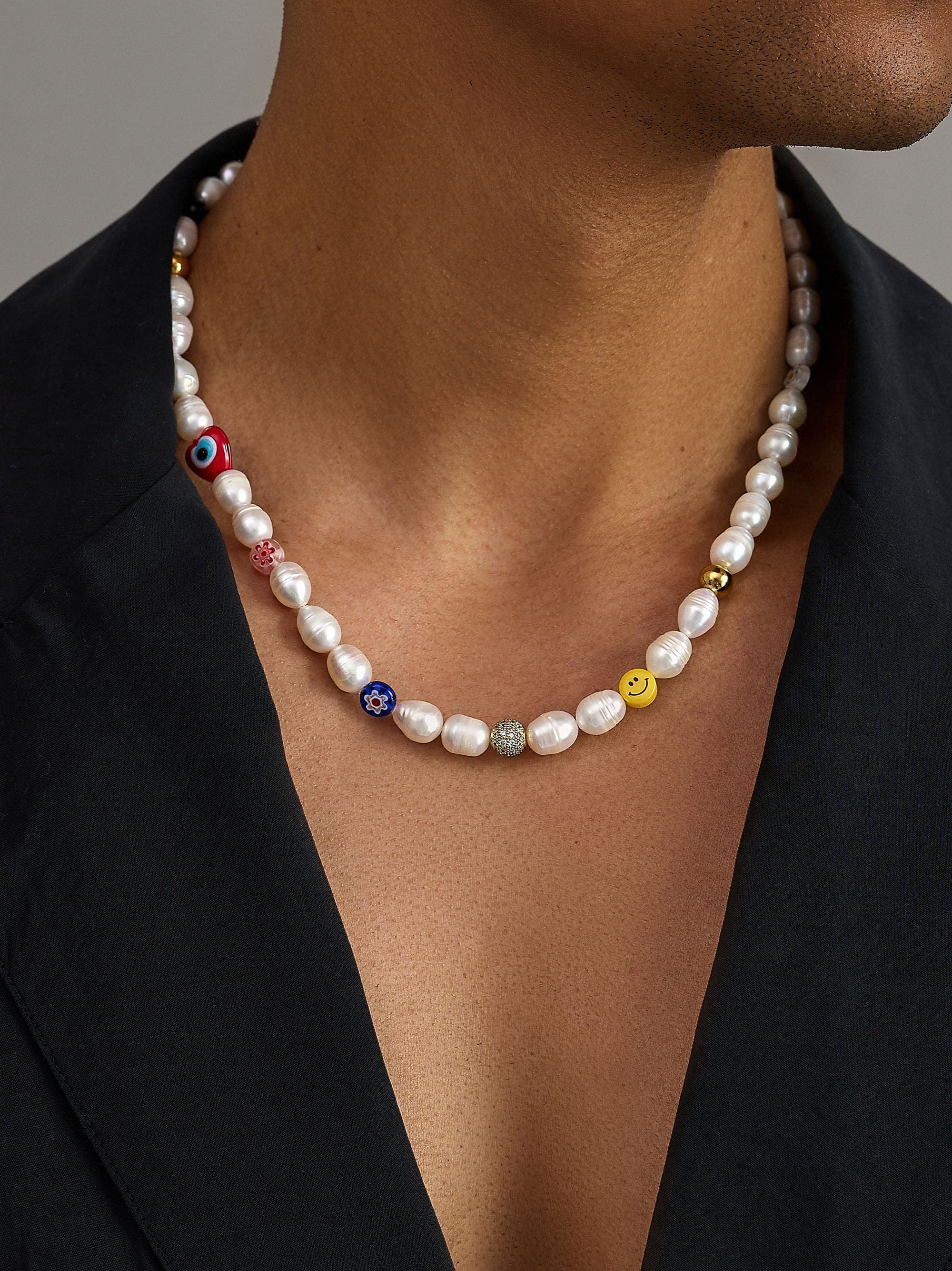 Nialaya Men's Necklace Men's Smiley Face Pearl Necklace with Assorted Beads Men's Smiley Face Pearl Necklace with Assorted Beads 20 Inches / 50.8 cm MNEC_139