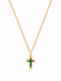 Men's Sterling Silver Gold Plated Mini Cross Necklace with Green Enamel