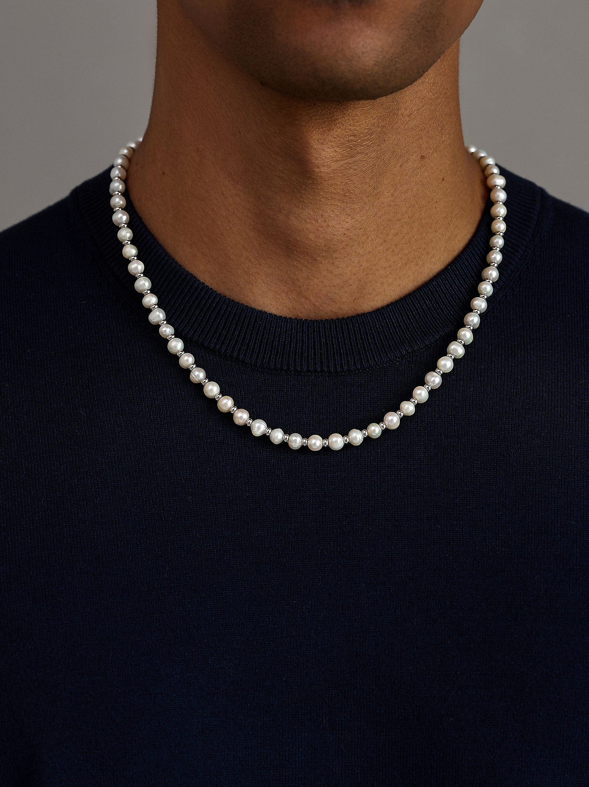 Nialaya Men's Necklace Mini Pearl Necklace with Silver Mini Pearl Necklace with Silver 20 Inches MNEC_300