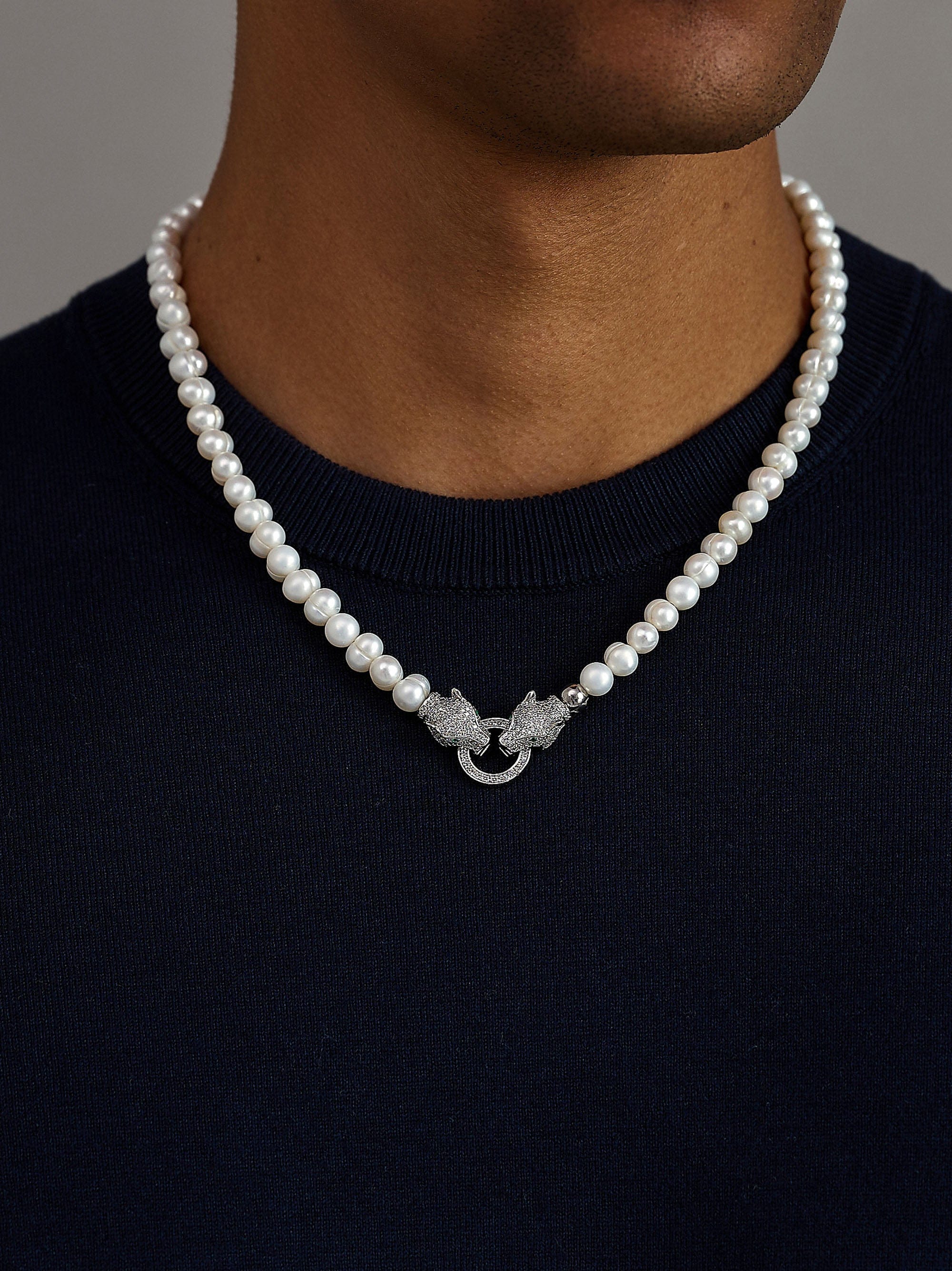 Nialaya Men's Necklace Pearl Necklace with Double Panther Head in Silver Pearl Necklace with Double Panther Head in Silver 20 Inches / 50.8 cm MNEC_355