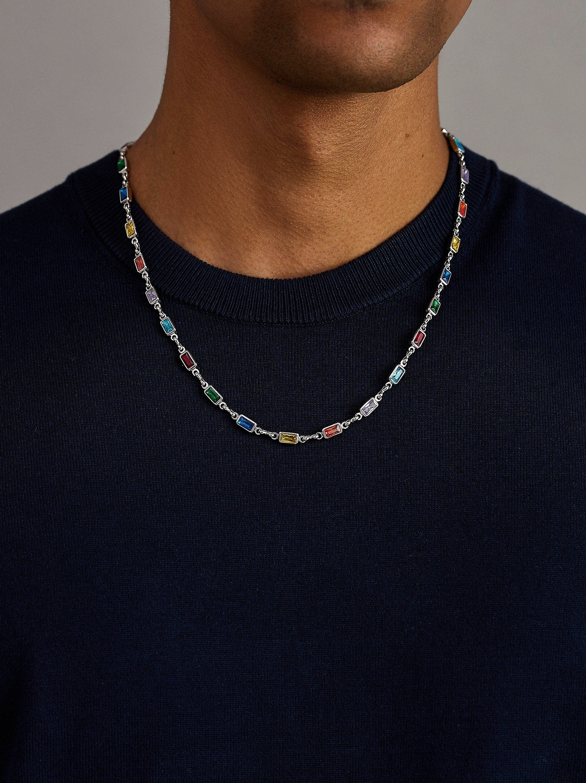 Nialaya Men's Necklace Rectangle Tennis Necklace in Silver Rectangle Tennis Necklace in Silver 20 Inches / 50.80 cm MNEC_426