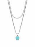 Silver Necklace Layer with 3mm Cuban Link and Turquoise Square Necklace