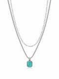 Nialaya Men's Necklace Silver Necklace Layer with 3mm Figaro Chain and Turquoise Square Necklace