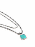 Nialaya Men's Necklace Silver Necklace Layer with 3mm Figaro Chain and Turquoise Square Necklace