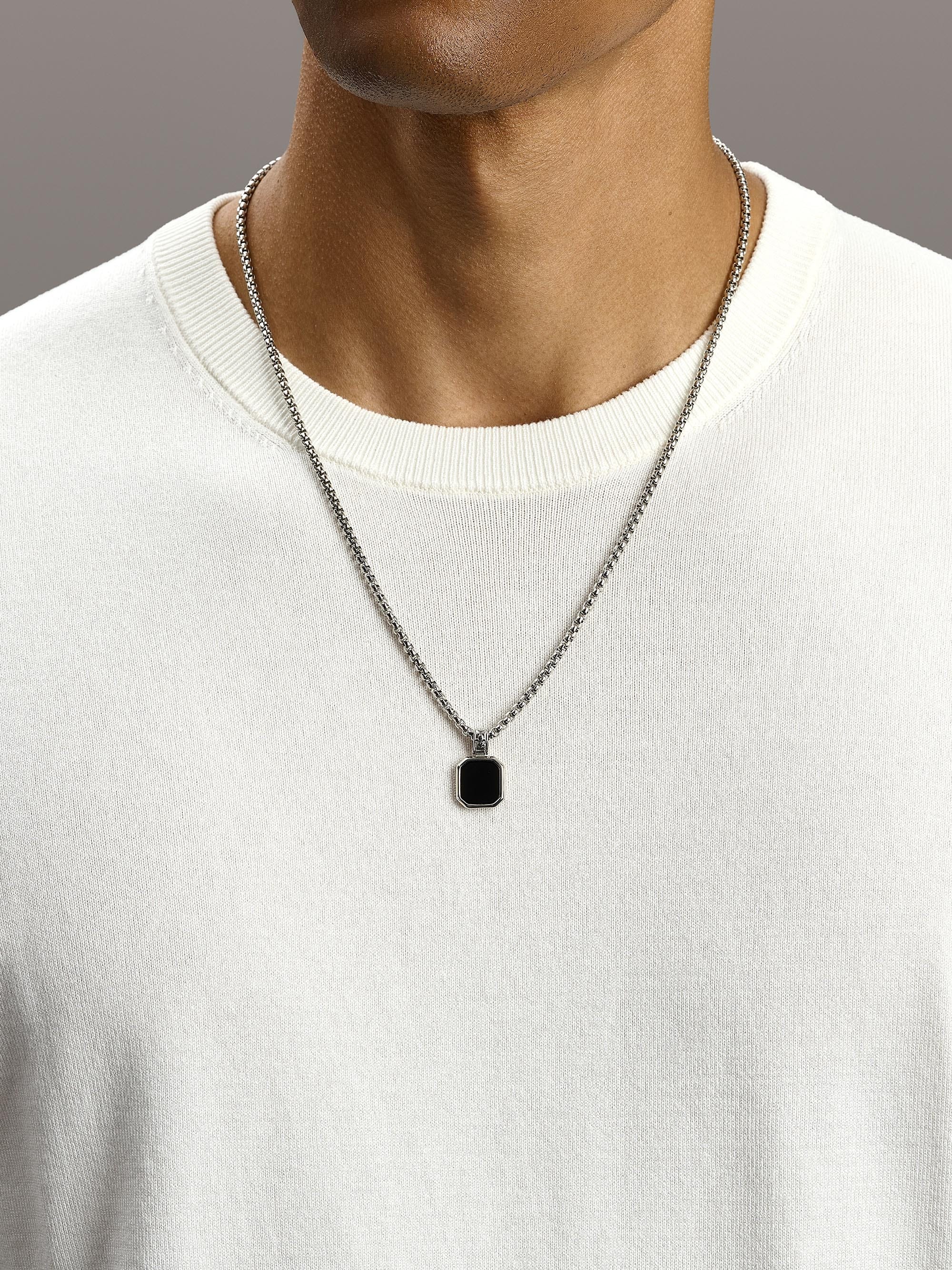 Nialaya Men's Necklace Silver Necklace with Square Matte Onyx Pendant Silver Necklace with Square Matte Onyx Pendant
