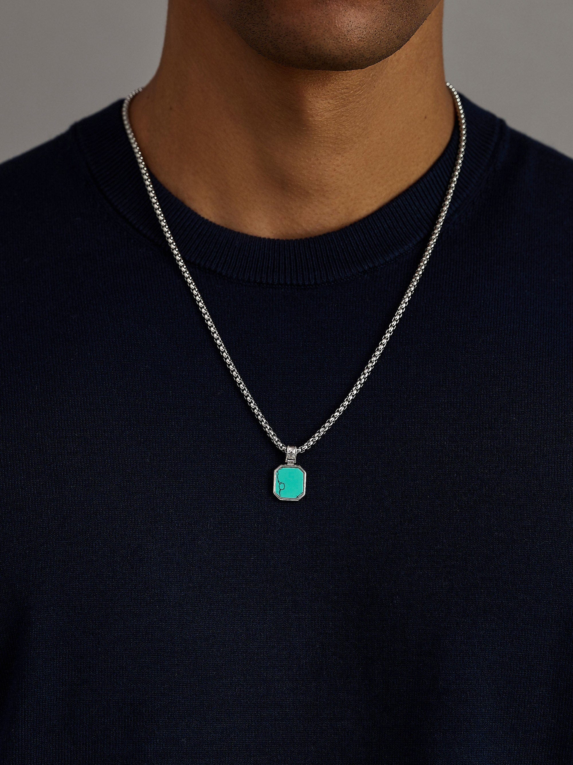Nialaya Men's Necklace Silver Necklace with Square Turquoise Pendant Silver Necklace with Square Turquoise Pendant