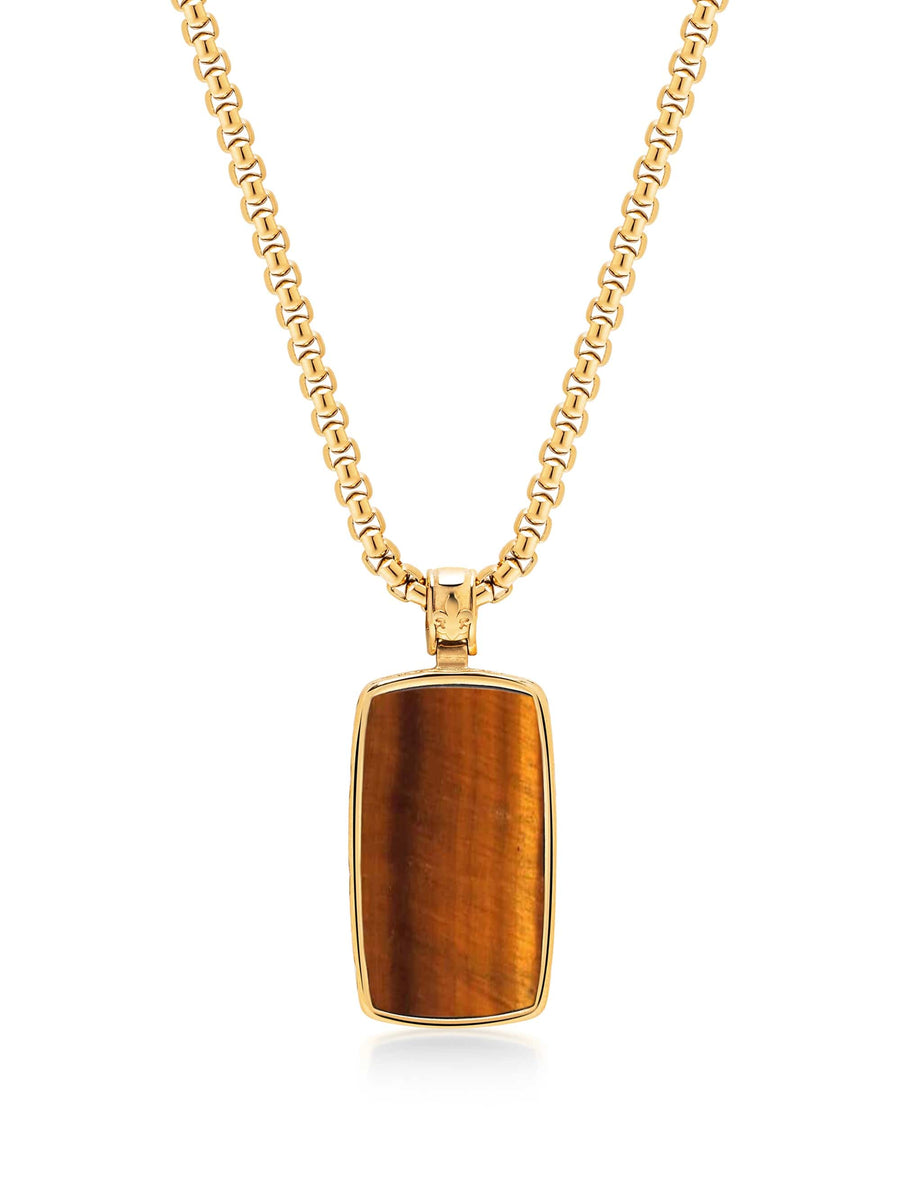 Tiger Eye Dog Tag Necklace in Gold