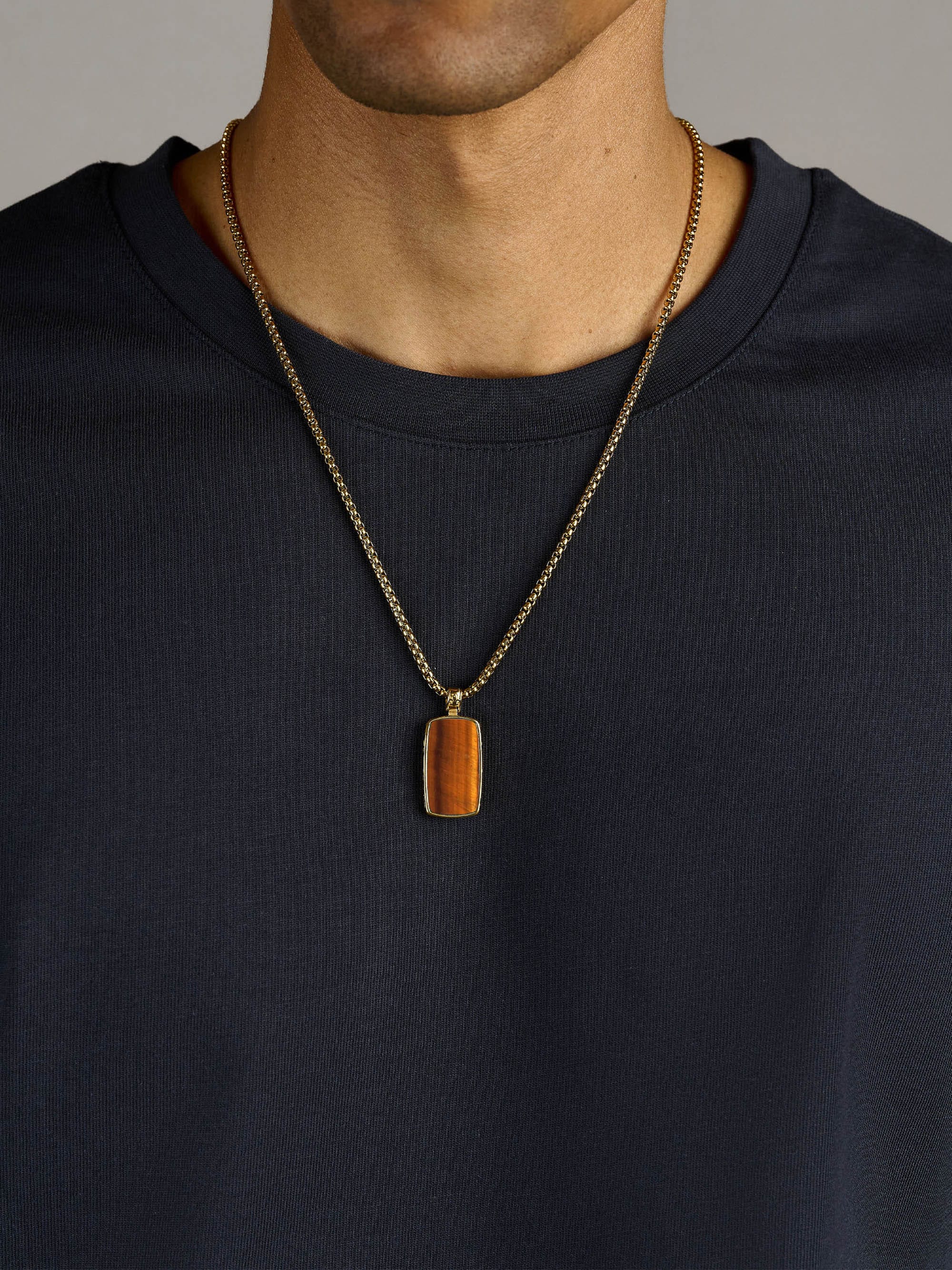 Nialaya Men's Necklace Tiger Eye Dog Tag Necklace in Gold Tiger Eye Dog Tag Necklace in Gold