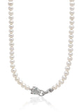 Nialaya Men's Necklace White Pearl Necklace with Silver Panther Head Lock 20 Inches / 50.8 cm MNEC_251