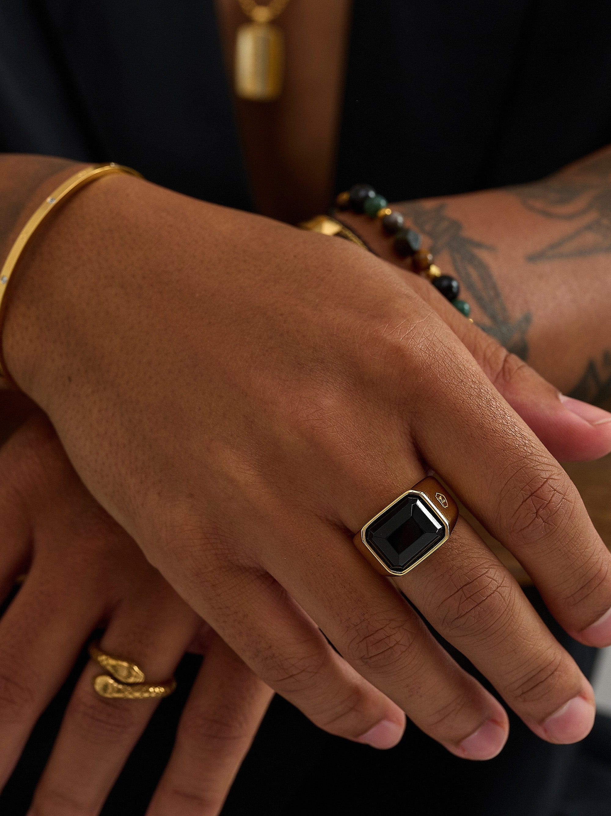 Nialaya Men's Ring Black Zircon Signet Ring in Gold Black Zircon Signet Ring in Gold