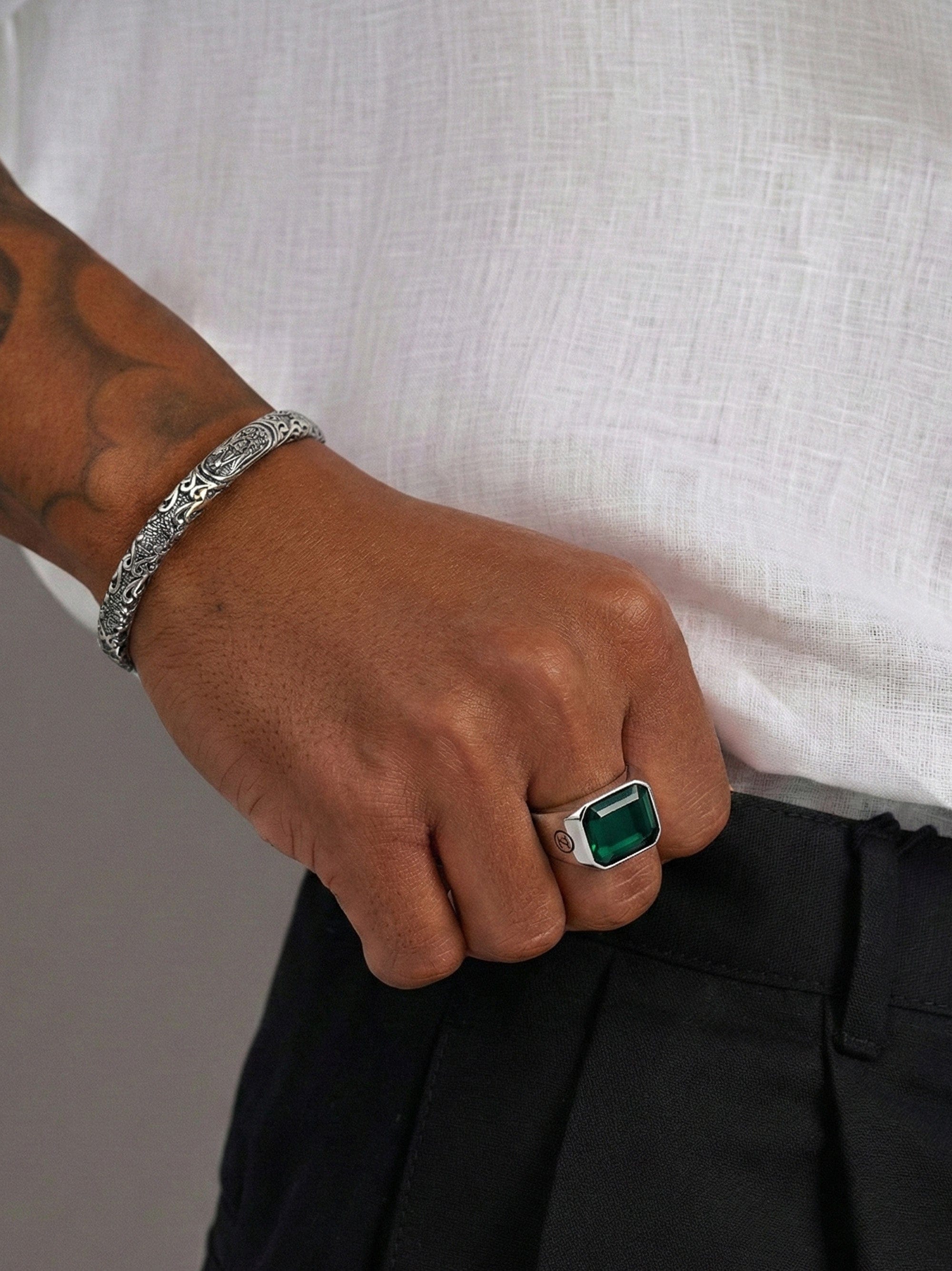 Nialaya Men's Ring Green Zircon Signet Ring in Silver Green Zircon Signet Ring in Silver