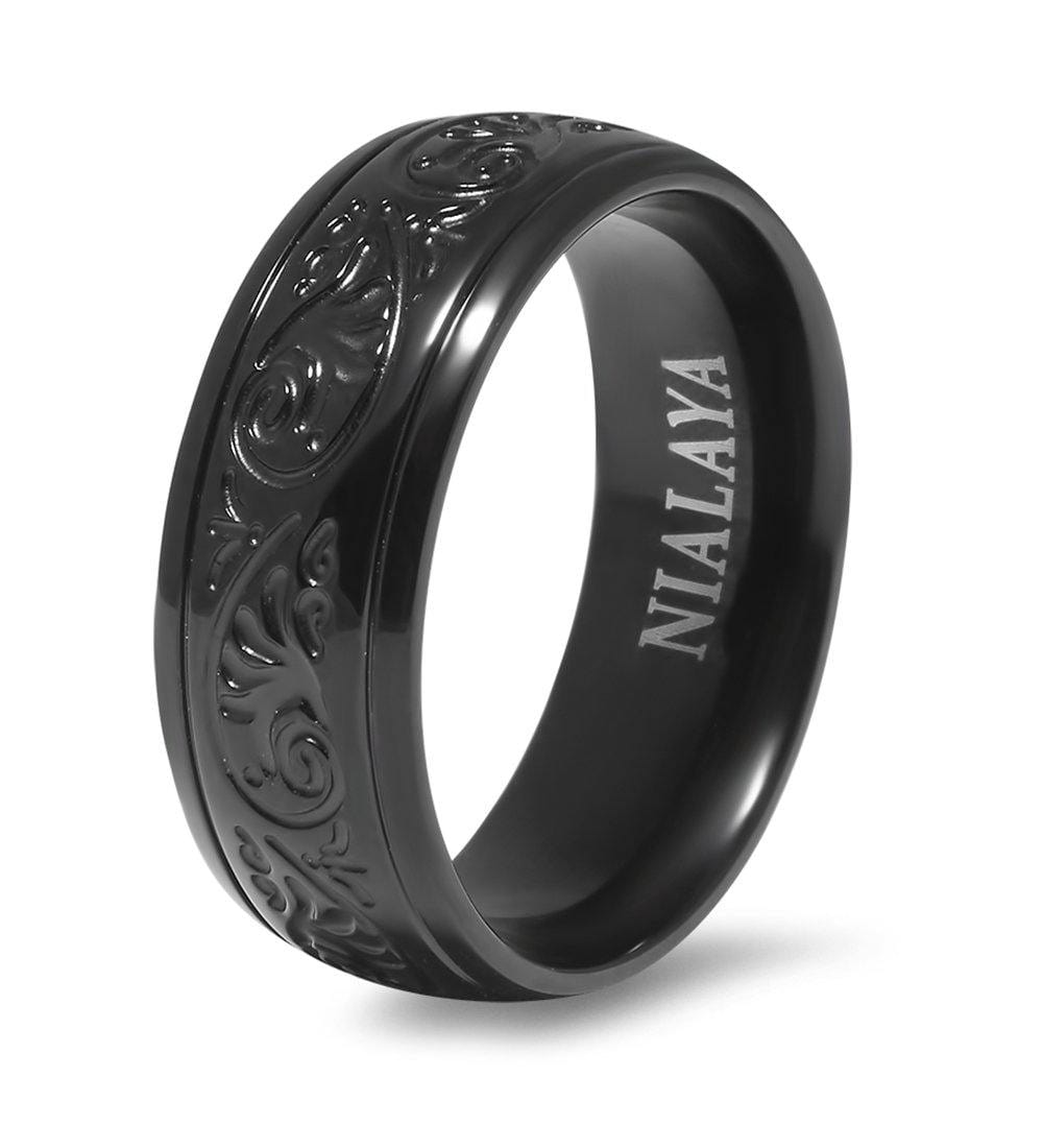 Nialaya Men's Ring Men's Black Engraved Band Ring Men's Ring