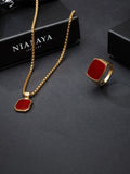 Nialaya Men's Ring Men's Gold Signet Ring with Red Agate