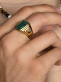 Nialaya Men's Ring Men's Oblong Gold Plated Signet Ring with Green Jade