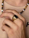 Nialaya Men's Ring Men's Oblong Gold Plated Signet Ring with Onyx