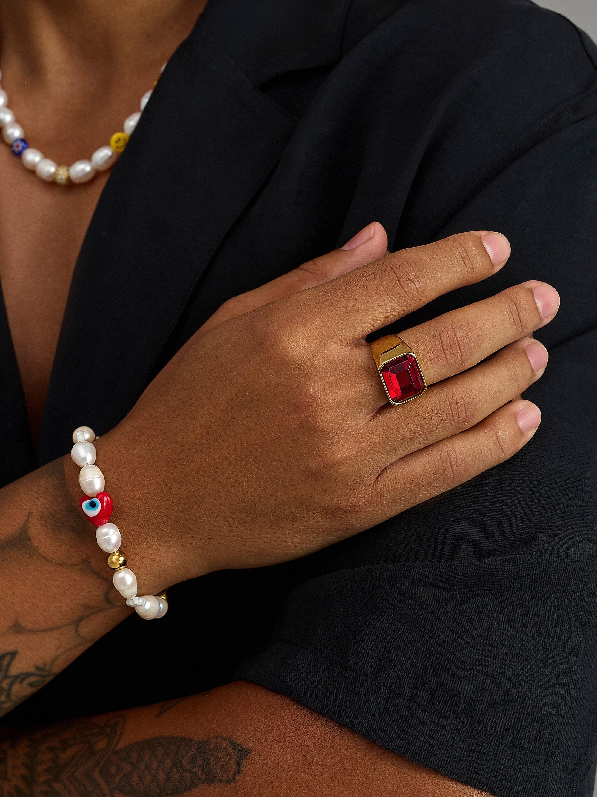 Nialaya Men's Ring Red Zircon Signet Ring in Gold Red Zircon Signet Ring in Gold