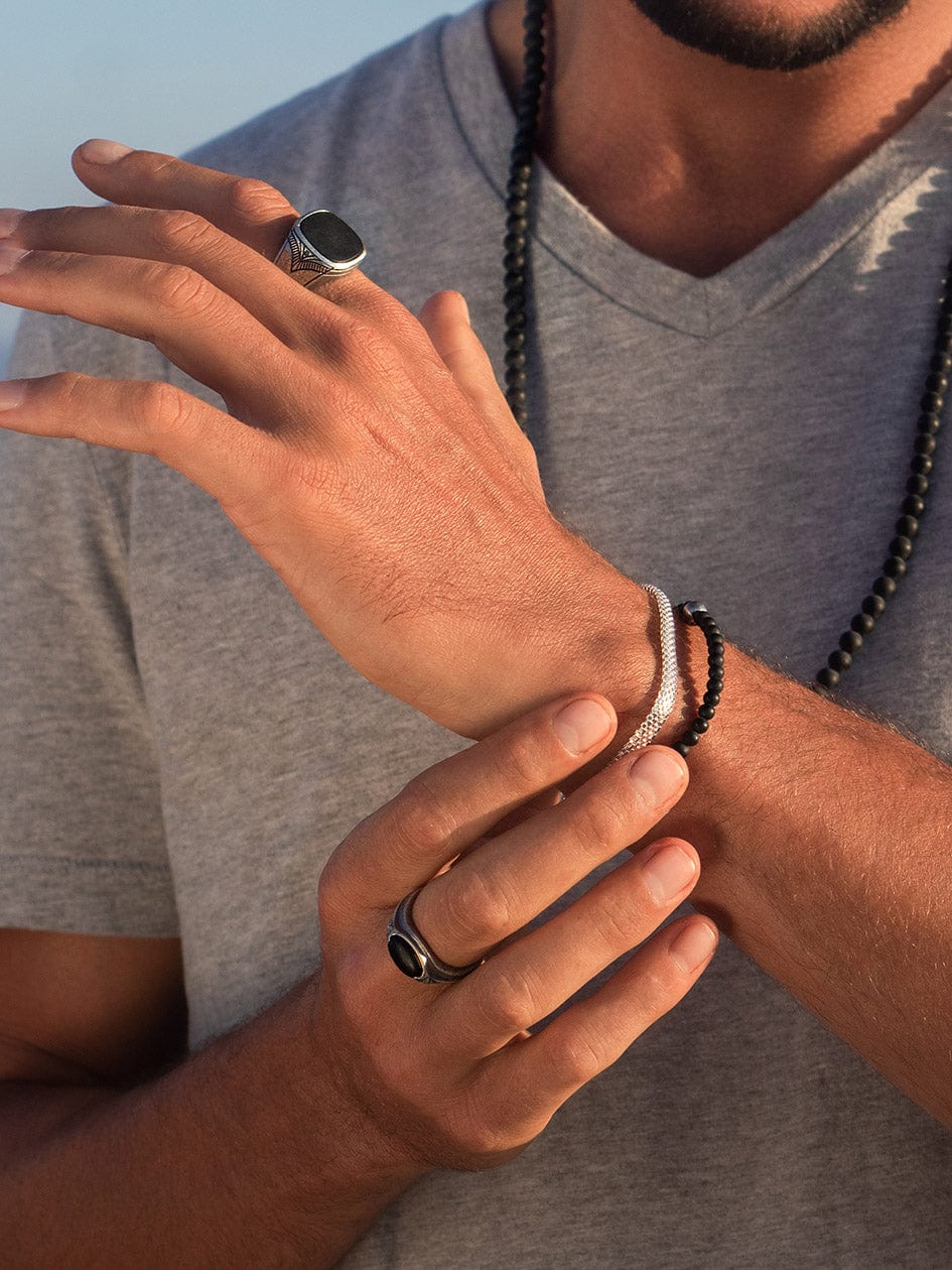 Nialaya Men's Ring Sterling Silver Oval Signet Ring with Matte Onyx