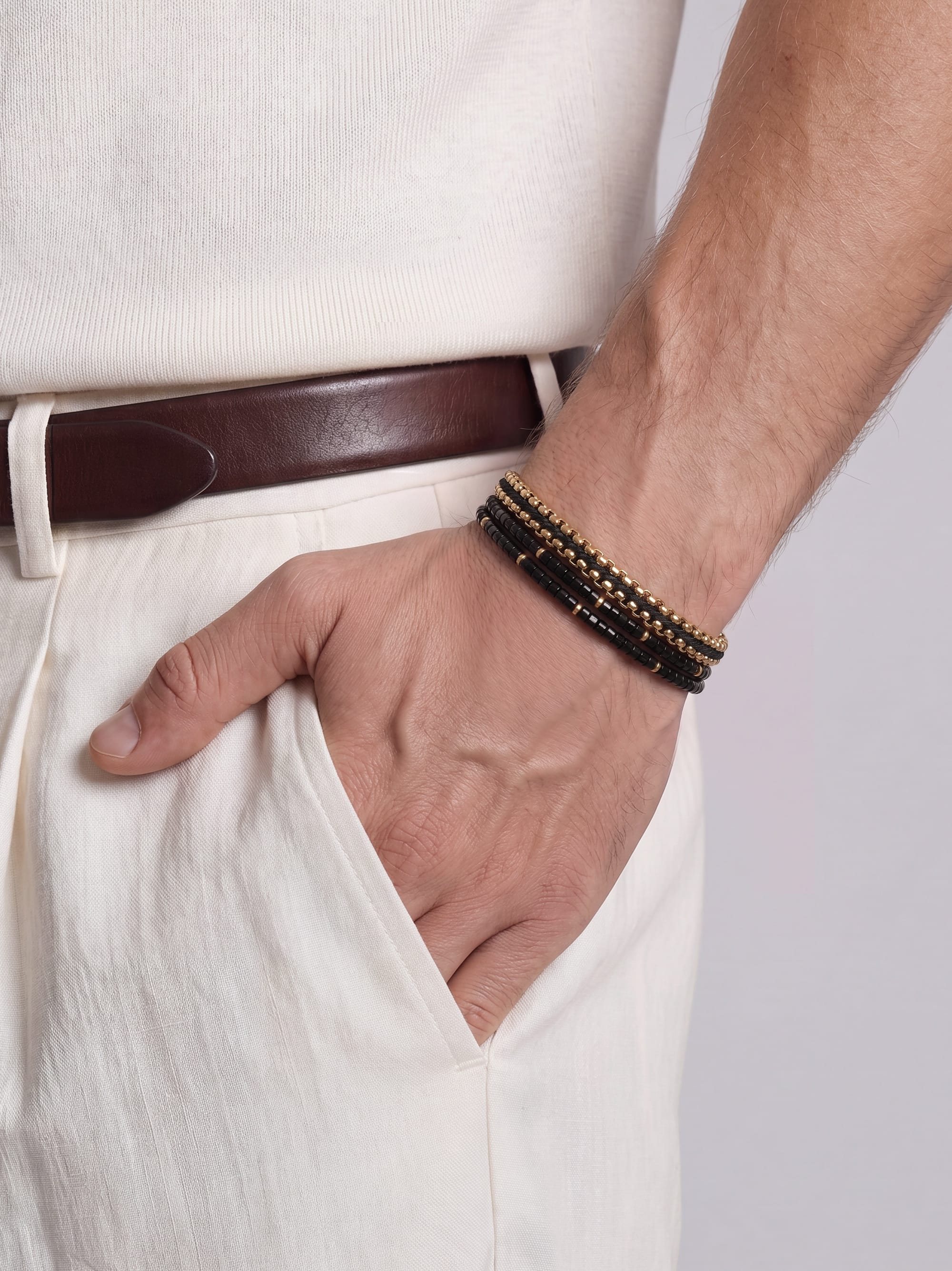 Nialaya Men's Stack Bracelet Midnight Gold Stack Midnight Gold Stack