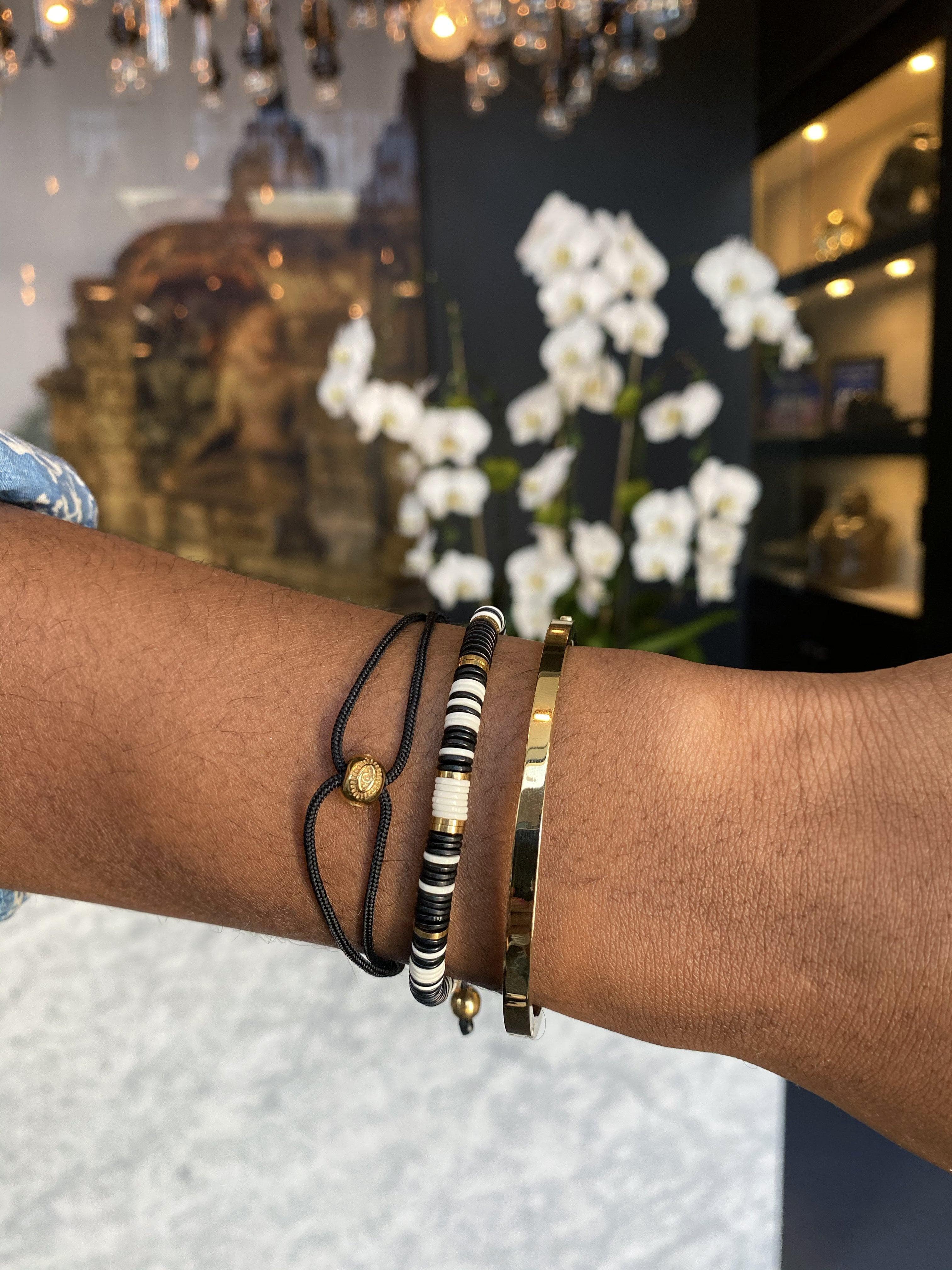 Nialaya Men's String Bracelet Men's Black String Bracelet with Gold Evil Eye One Size / Black MST_030