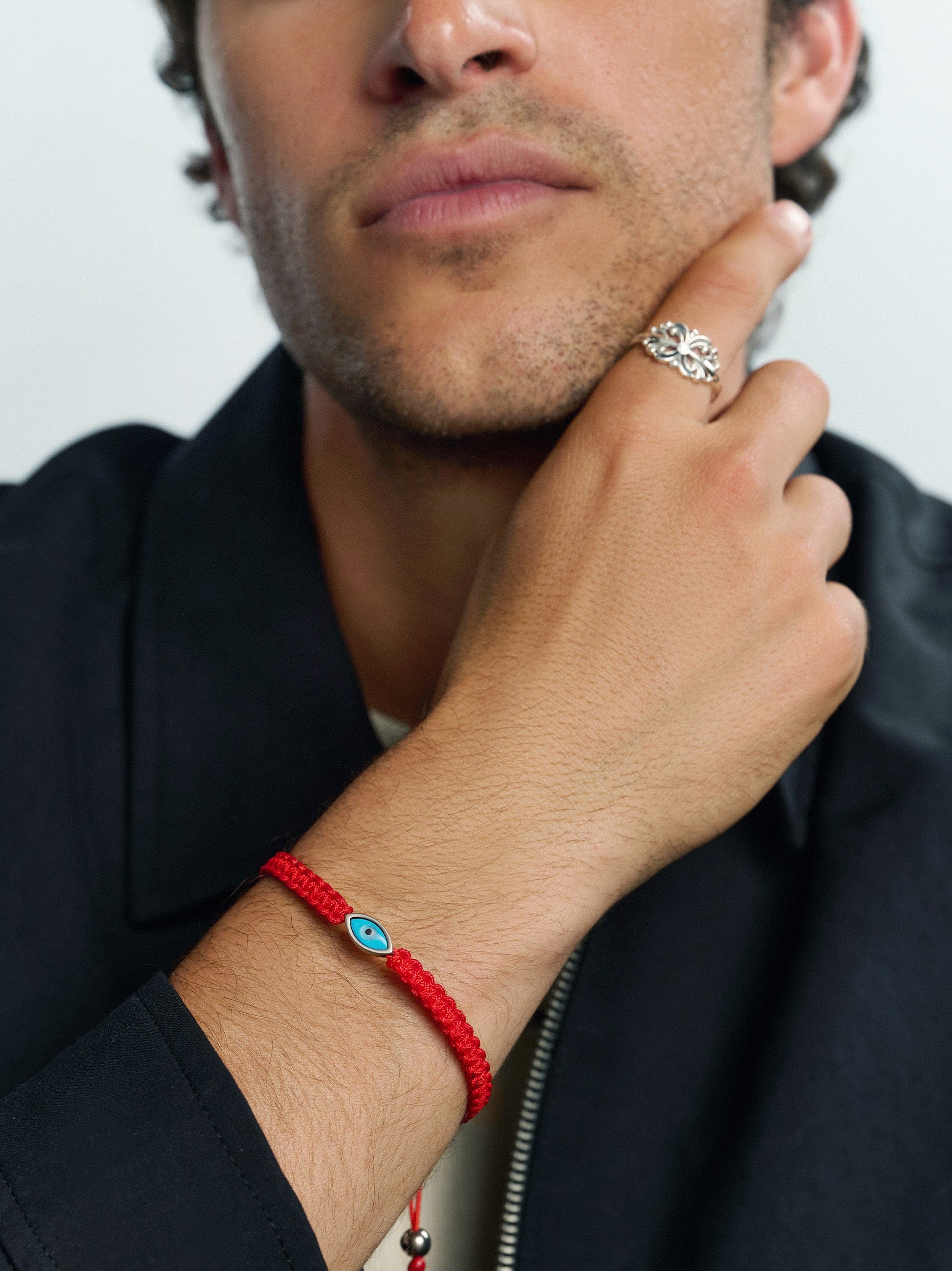 Men's Red String Bracelet with Silver Evil Eye - Main Image