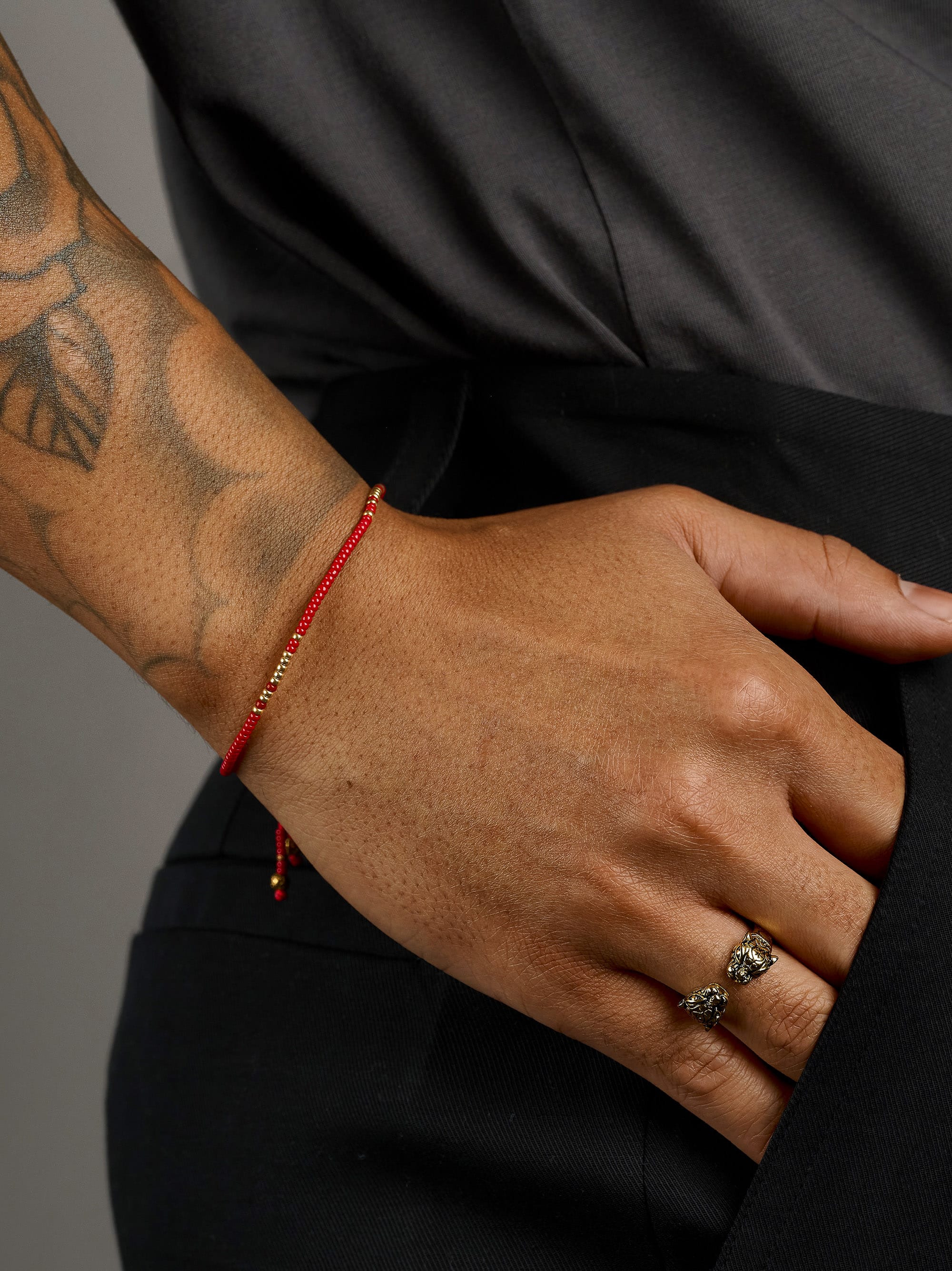 Nialaya Men's String Bracelet Red Beaded String Bracelet in Gold Red Beaded String Bracelet in Gold