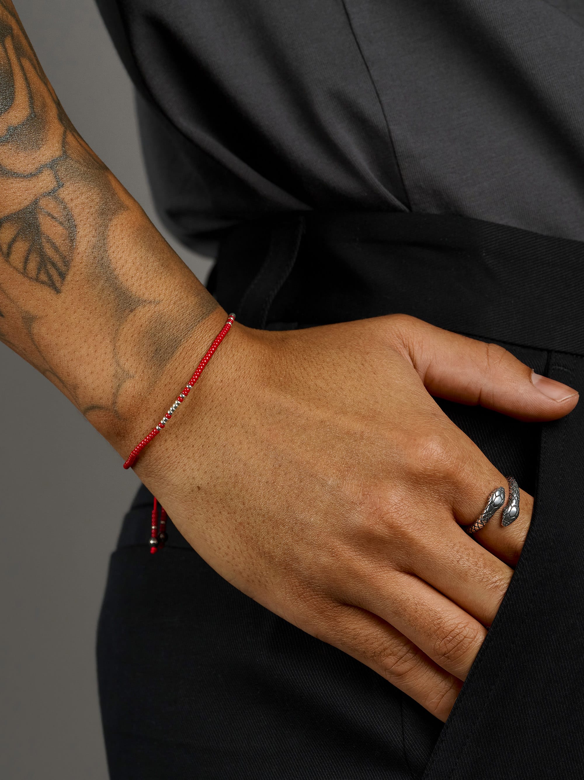 Nialaya Men's String Bracelet Red Beaded String Bracelet in Silver Red Beaded String Bracelet in Silver