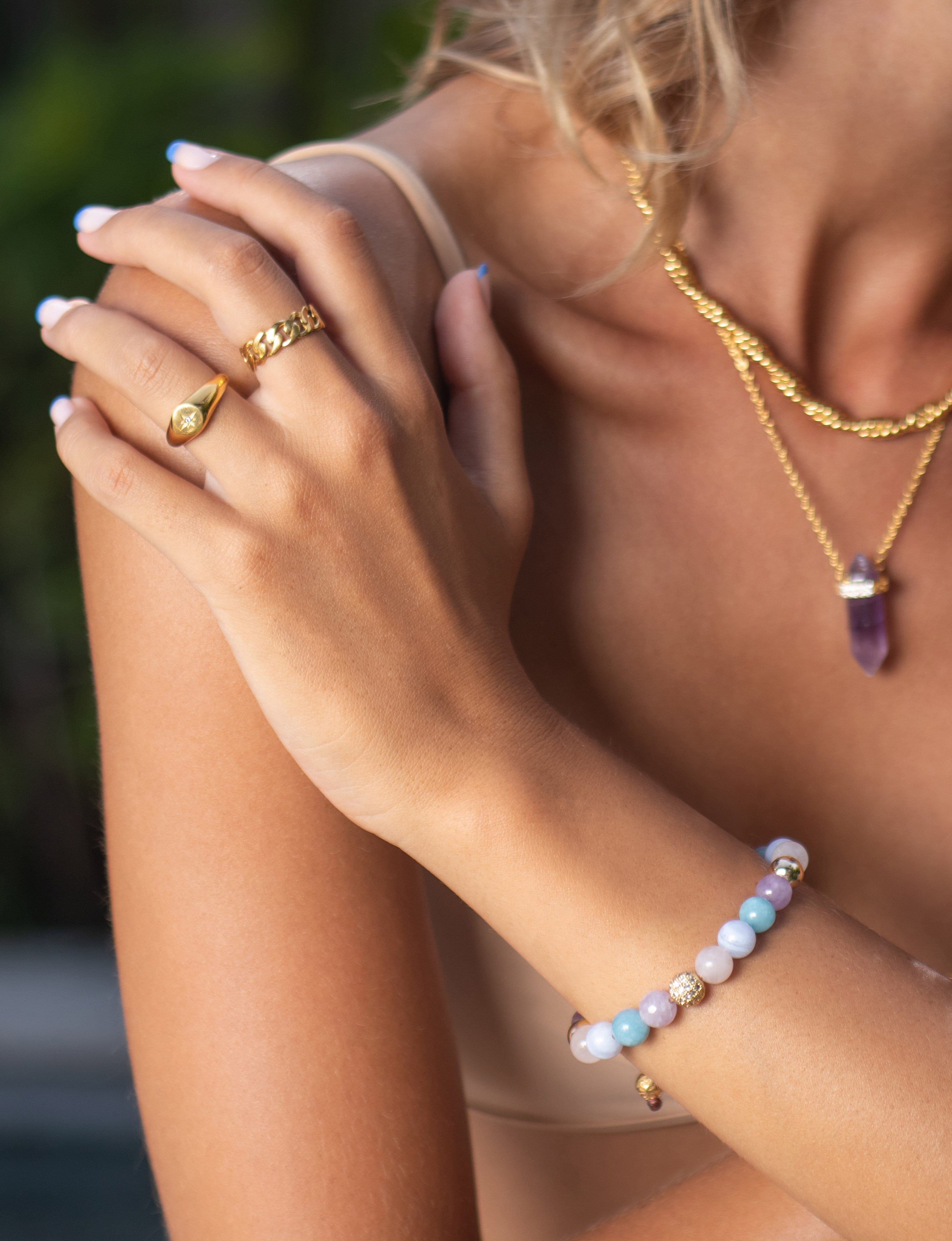 Nialaya Women's Beaded Bracelet Women's Beaded Bracelet with Aquamarine, Blue Lace Agate, Rose Quartz, and Amethyst Lavender Women's Beaded Bracelet with Aquamarine, Blue Lace Agate, Rose Quartz, and Amethyst Lavender