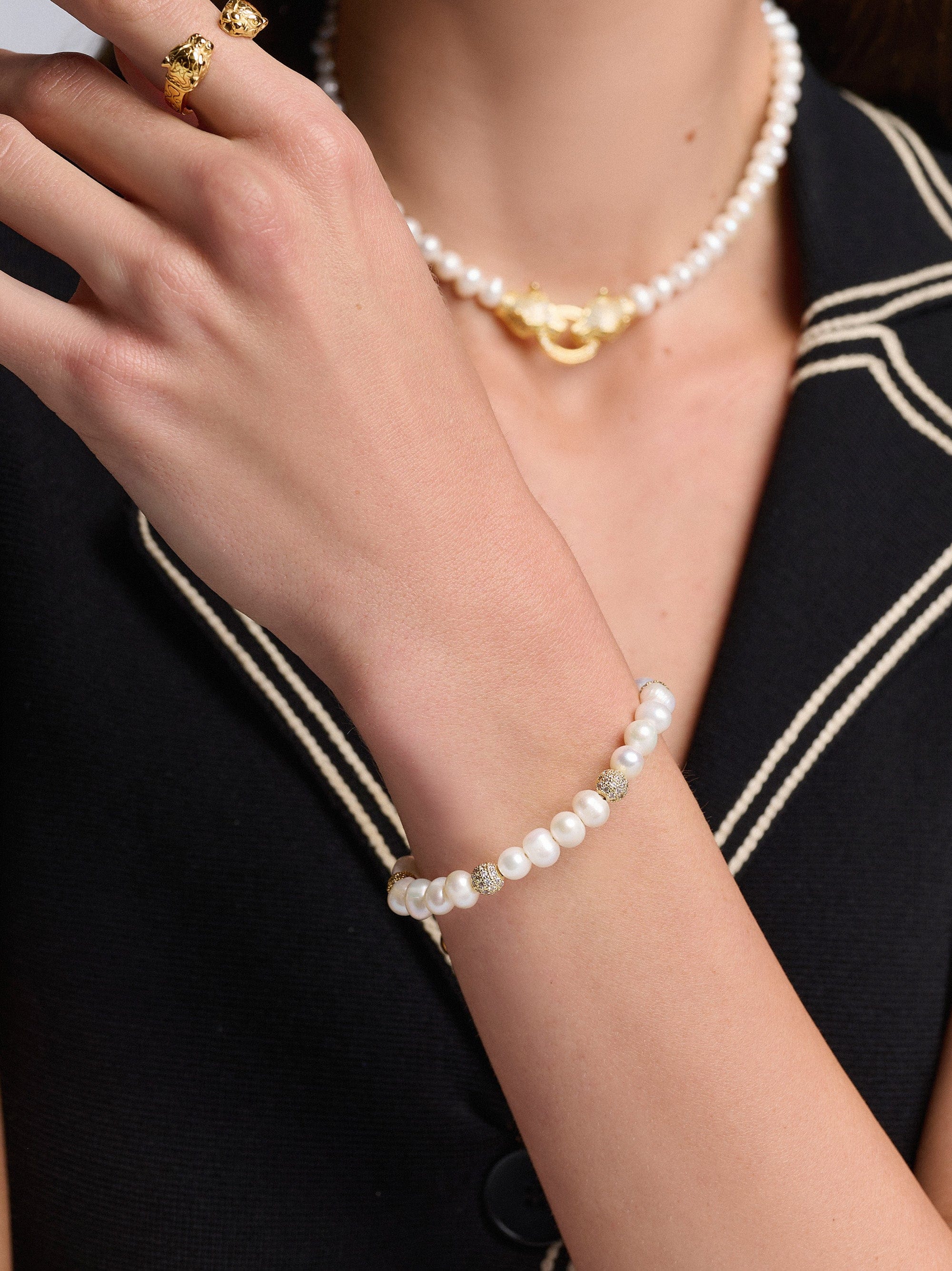 Nialaya Women's Beaded Bracelet Women's Beaded Bracelet with Pearl and Gold Women's Beaded Bracelet with Pearl and Gold