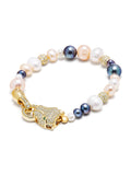 Nialaya Women's Beaded Bracelet Women's Multi-Colored Pearl Bracelet with Gold Panther Head