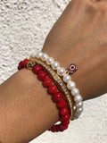 Nialaya Women's Beaded Bracelet Wristband with White Pearls and Red Evil Eye Charm