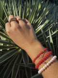 Nialaya Women's Beaded Bracelet Wristband with White Pearls and Red Evil Eye Charm