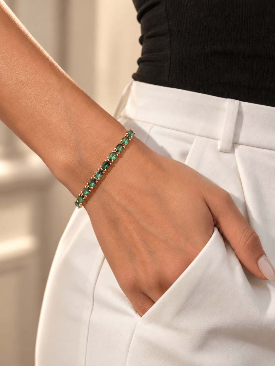 Nialaya Women's Chain Bracelet Emerald Green Oval Tennis Bracelet Emerald Green Oval Tennis Bracelet