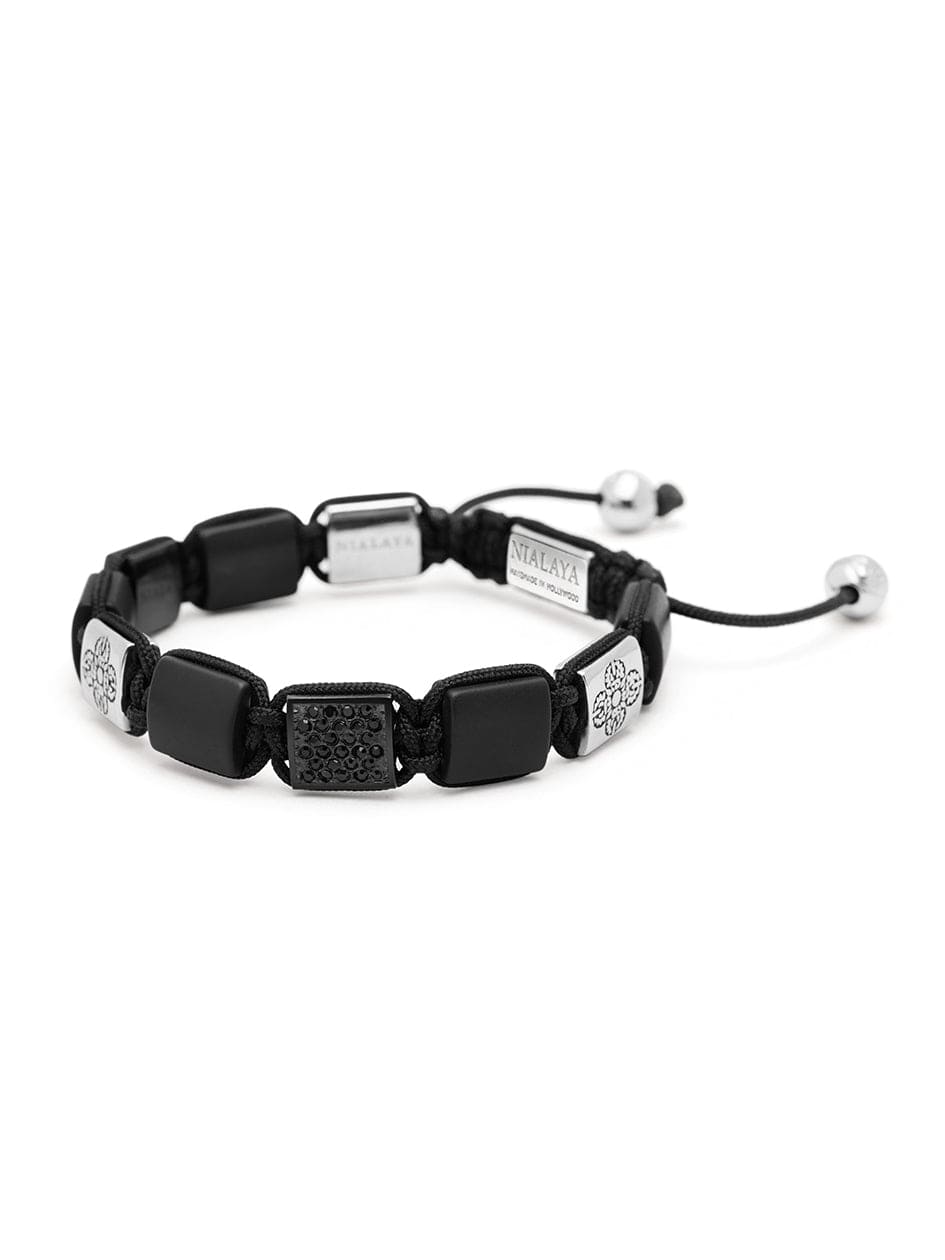 Nialaya Women's Flatbead Bracelet Women's Black Onyx Flatbead Bracelet with Black CZ Diamonds