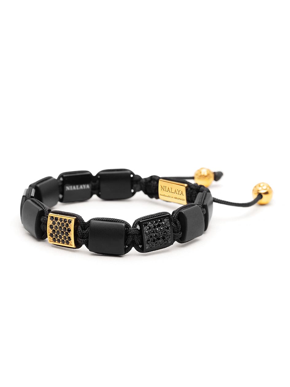 Nialaya Women's Flatbead Bracelet Women's Black Onyx Flatbead Bracelet with Black CZ Diamonds and Gold Plating