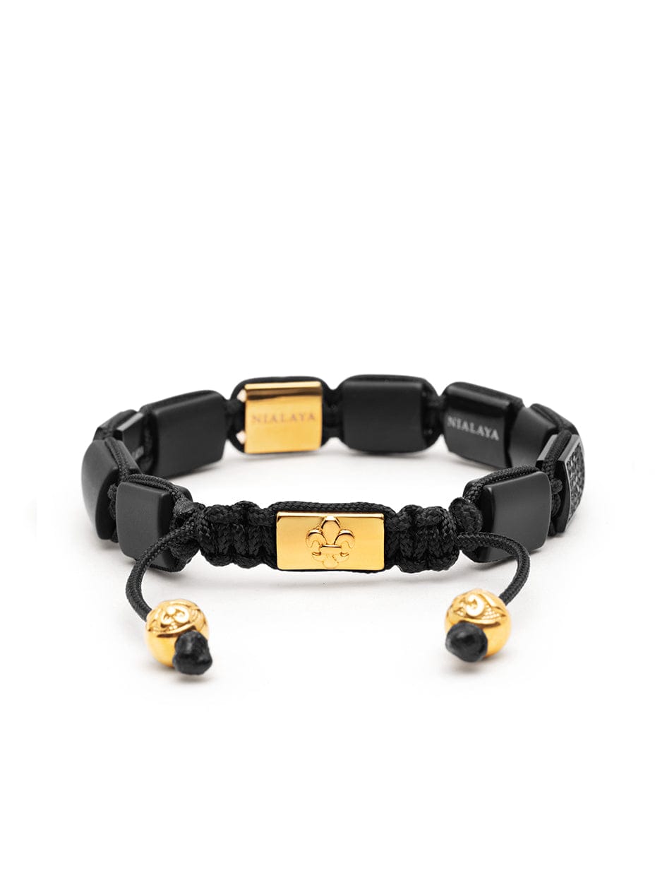 Nialaya Women's Flatbead Bracelet Women's Black Onyx Flatbead Bracelet with Black CZ Diamonds and Gold Plating