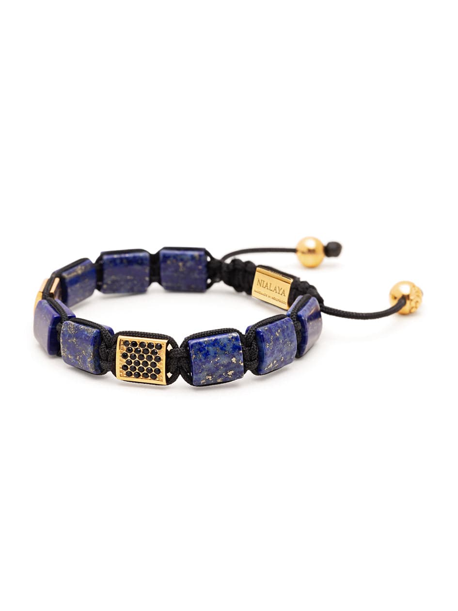 Nialaya Women's Flatbead Bracelet Women's Blue Lapis Flatbead Bracelet with Black CZ Diamonds and Gold Plating