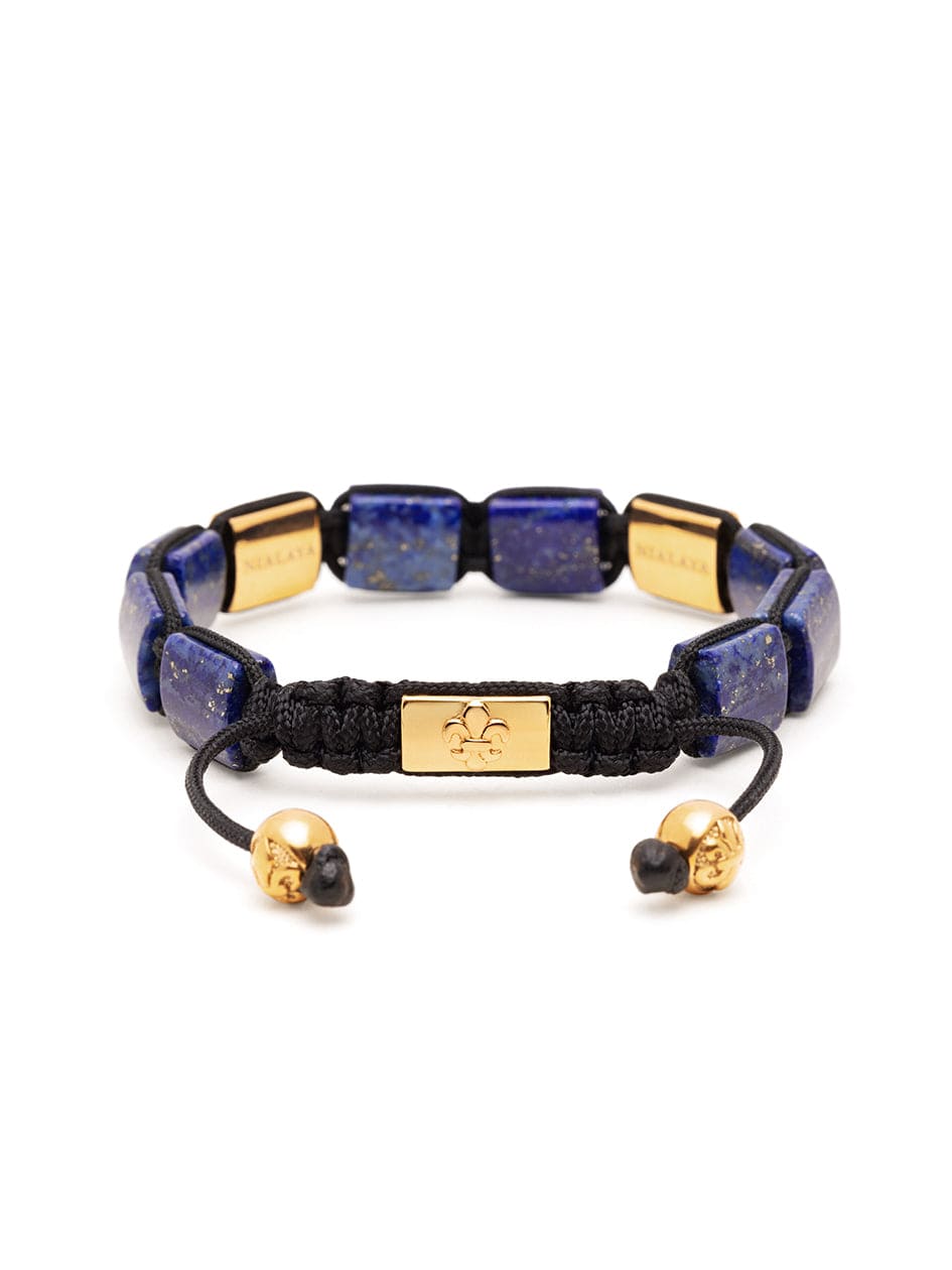 Nialaya Women's Flatbead Bracelet Women's Blue Lapis Flatbead Bracelet with Black CZ Diamonds and Gold Plating