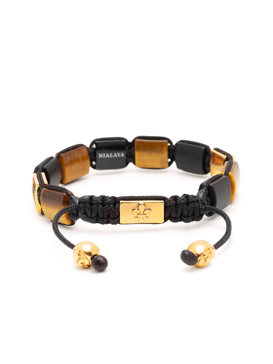 Nialaya Women's Flatbead Bracelet Women's Brown Tiger Eye and Black Onyx Flatbead Bracelet with Black CZ Diamonds and Black String