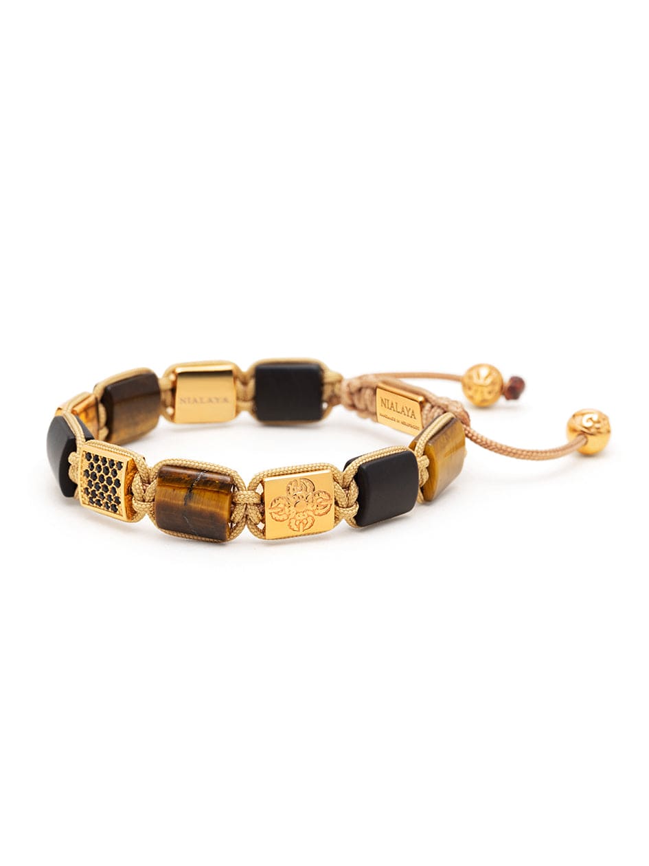 Nialaya Women's Flatbead Bracelet Women's Brown Tiger Eye and Black Onyx Flatbead Bracelet with Black CZ Diamonds and Gold Plating