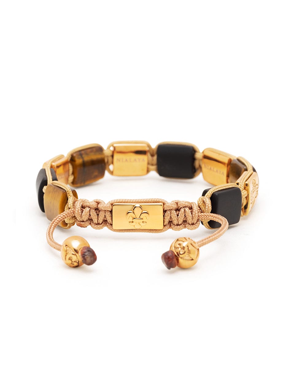 Nialaya Women's Flatbead Bracelet Women's Brown Tiger Eye and Black Onyx Flatbead Bracelet with Black CZ Diamonds and Gold Plating