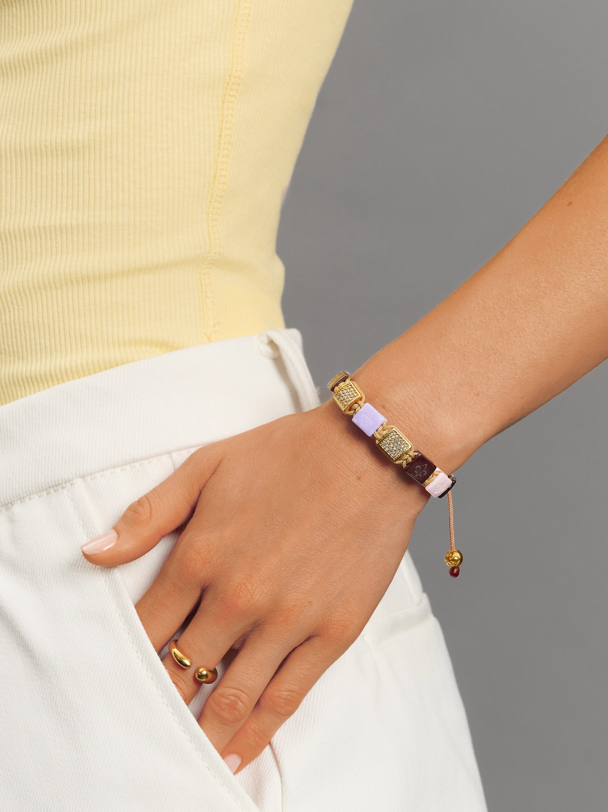 Nialaya Women's Flatbead Bracelet Women's Lavender, Purple, Soft Pink & Burgundy Ceramic Flatbead Bracelet with Gold CZ Women's Lavender, Purple, Soft Pink & Burgundy Ceramic Flatbead Bracelet with Gold CZ