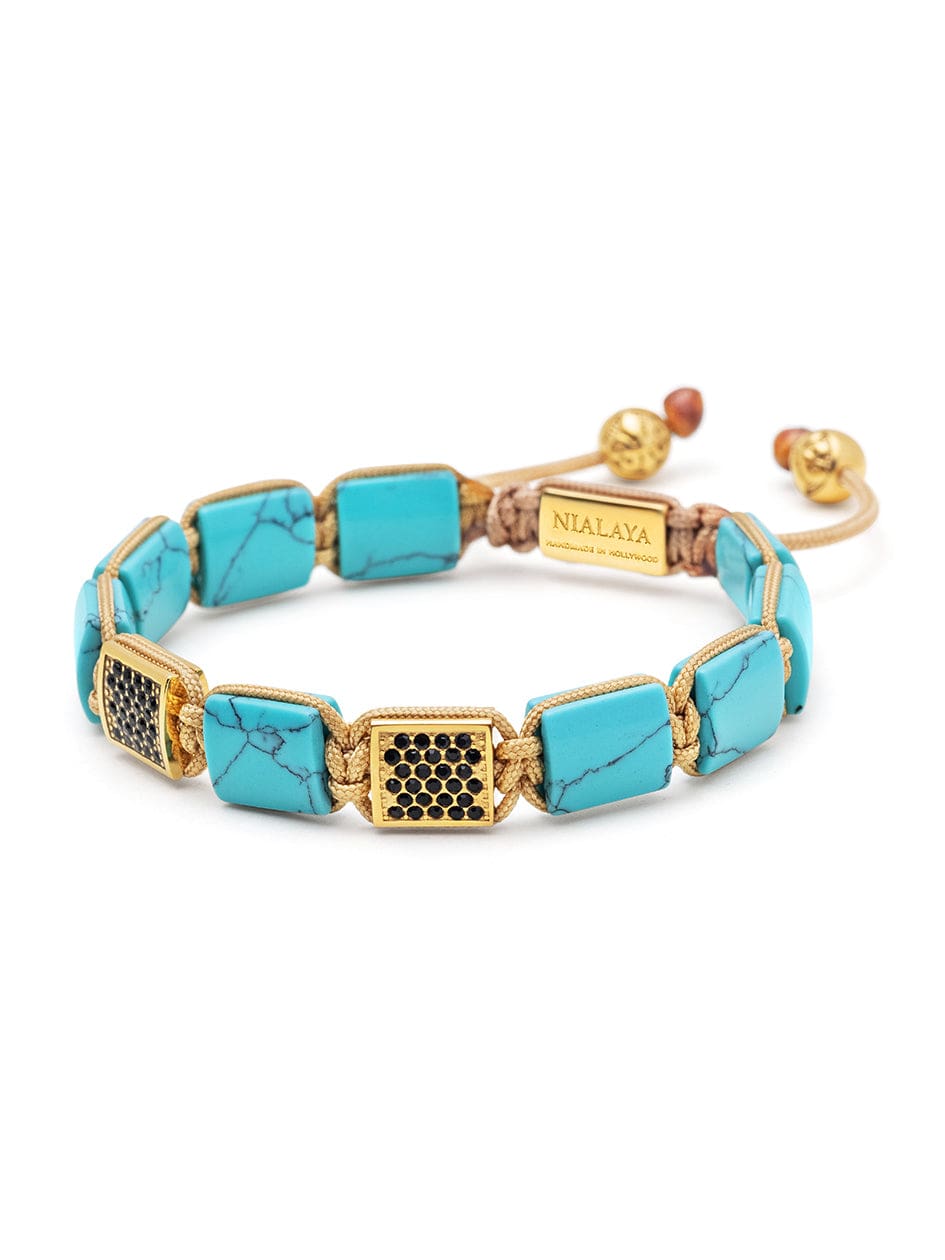 Nialaya Women's Flatbead Bracelet Women's Turquoise Flatbead Bracelet with Black CZ Diamonds